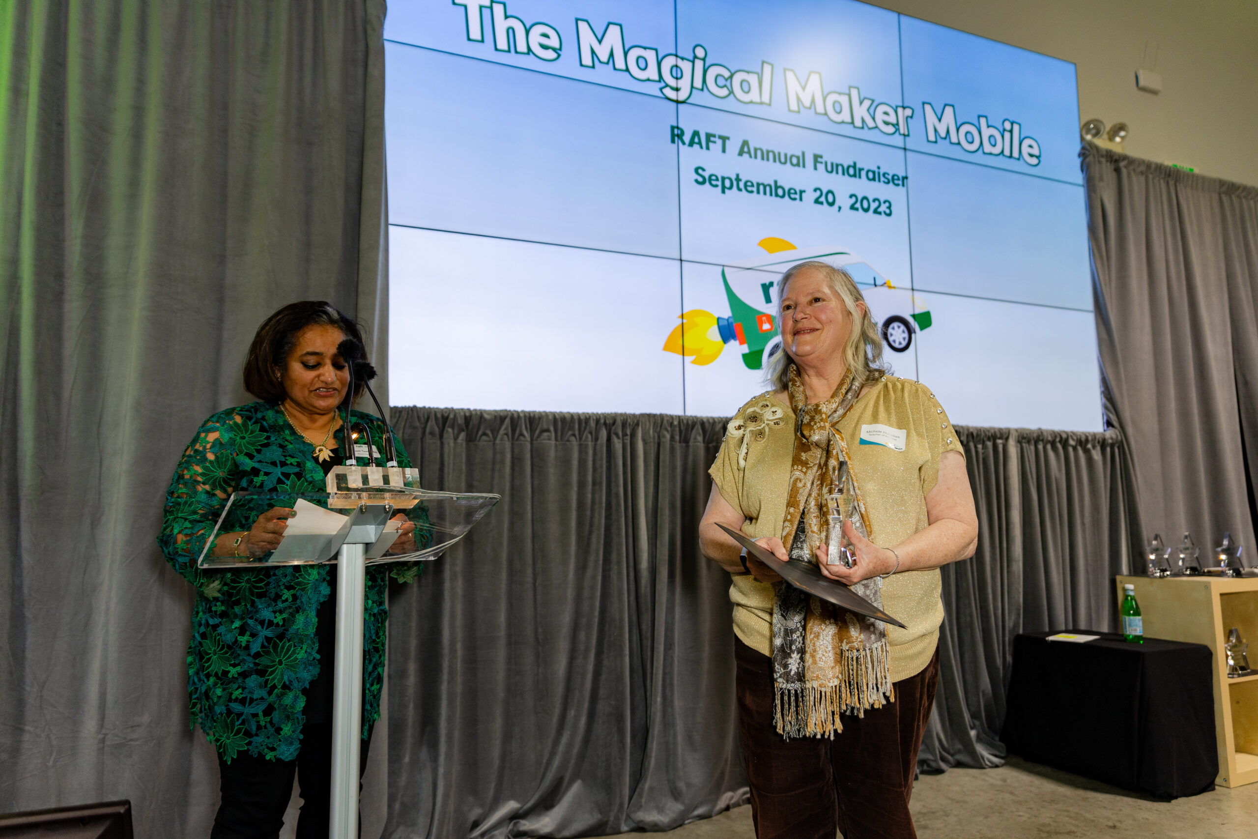 Michelle Huesties honored as one of RAFT's STEAM Teachers of the Year at “The Magical Maker Mobile” fundraiser on September 20, 2023.