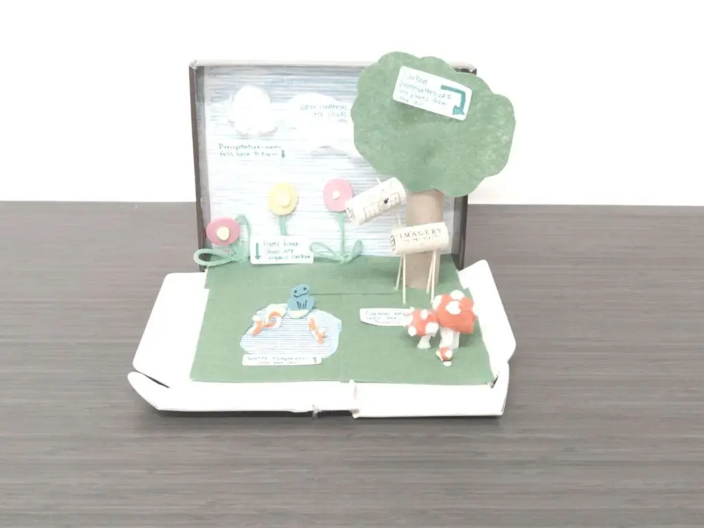 A finished single-learner project: a paper habitat diorama with a felt tree, flowers and labelled parts