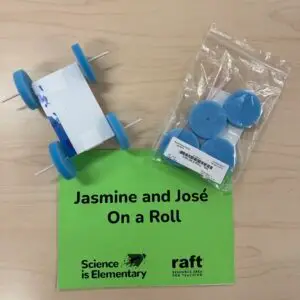 Jasmine and Jose On a Roll kit: assembled car and wheel parts