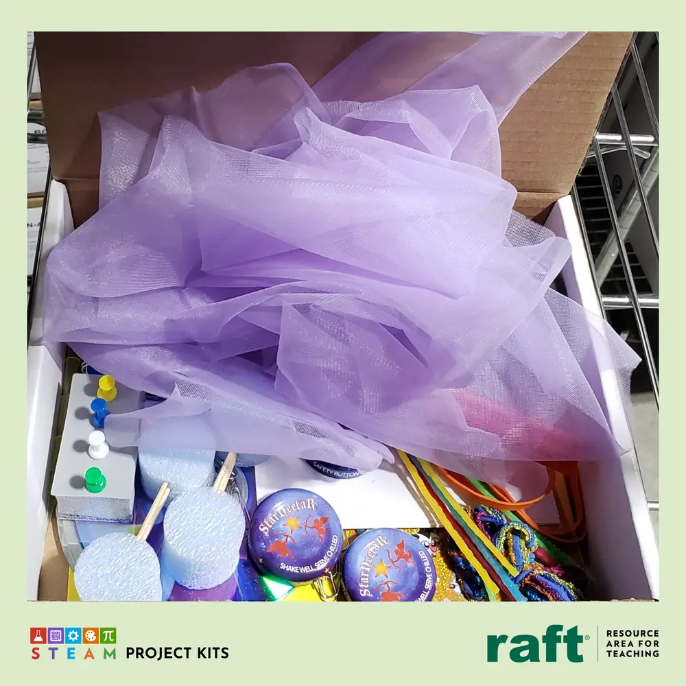 RAFT Makerspace in a Box STEAM kit, a box of assorted craft and building materials