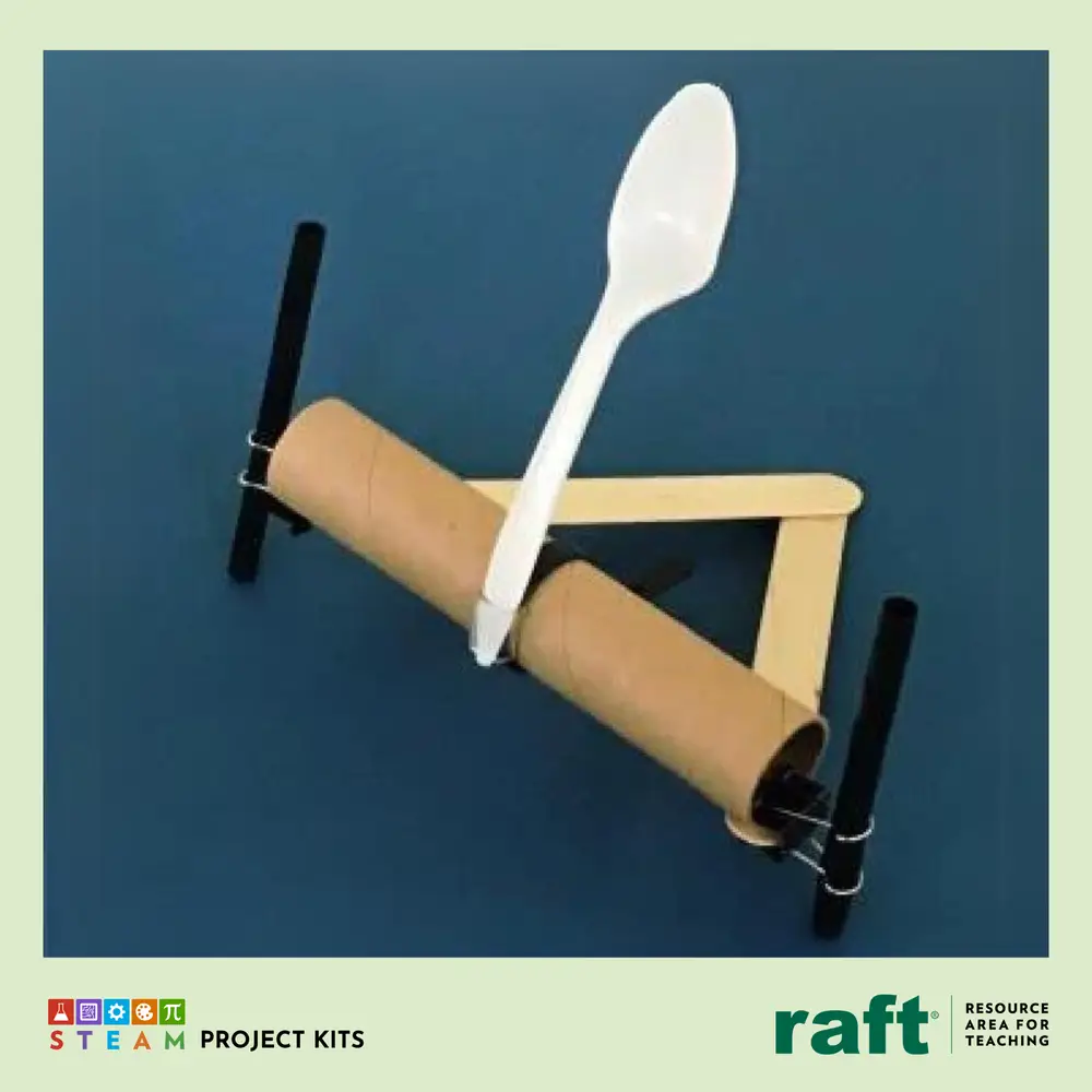 RAFT Zippy Catapult STEAM kit, a spoon catapult built on a cardboard tube